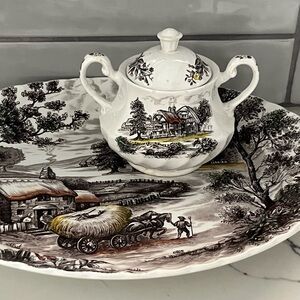 Staffordshire England - Yorkshire pattern- serving platter and sugar bowl w lid